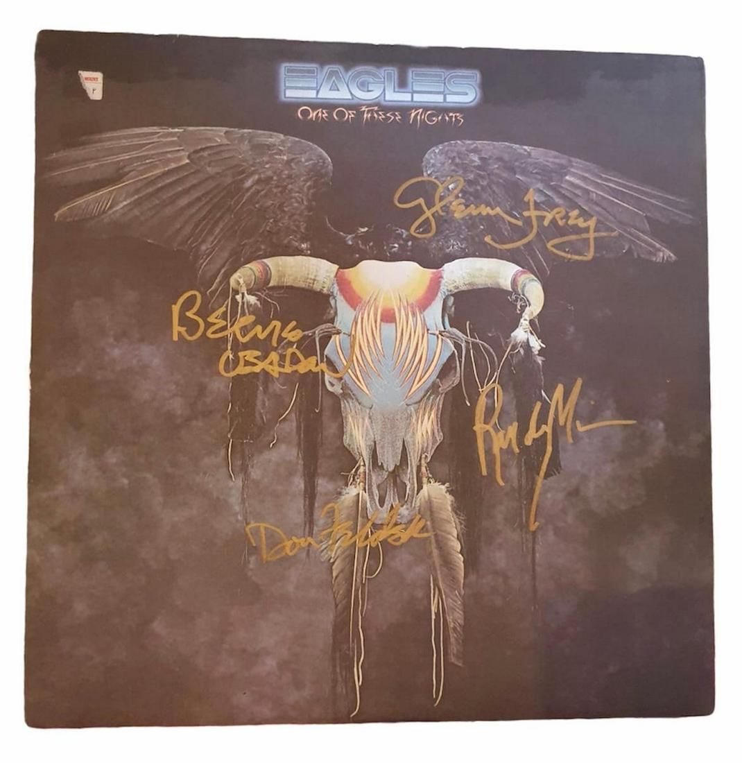 Eagles Signed One of These Nights Vinyl LP Certified: This lot is a vinyl LP (One of These Nights), autographed by Glenn Frey, Bernie Leadon, Randy Meisner and Don Felder of the Eagles.