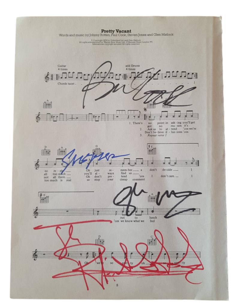 The Sex Pistols Signed Pretty Vacant Sheet Music Certified: This lot is a piece of sheet music (Pretty Vacant) autographed by Johnny Rotten, Paul Cook, Steve Jones and Glen Matlock of the Sex Pistols. Item comes with Certificate of Authenticity, guaranteeing i