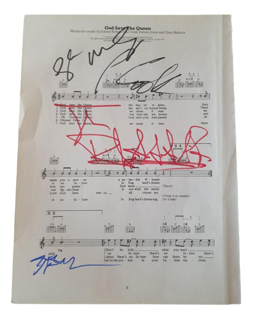 The Sex Pistols God Save The Queen Signed Sheet Music Certified: This lot is a piece of sheet music (God Save The Queen) autographed by Johnny Rotten, Steve Jones, Paul Cook and Glen Matlock of the Sex Pistols. Item comes with Certificate of Authenticity, guarantee