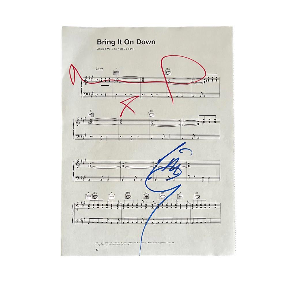 This lot is a piece of sheet music (Bring It On Down) autographed by Noel Gallagher and Liam: This lot is a piece of sheet music (Bring It On Down) autographed by Noel Gallagher and Liam Gallagher of Oasis. Oasis were an English rock band formed in Manchester in 1991. Originally known as the R