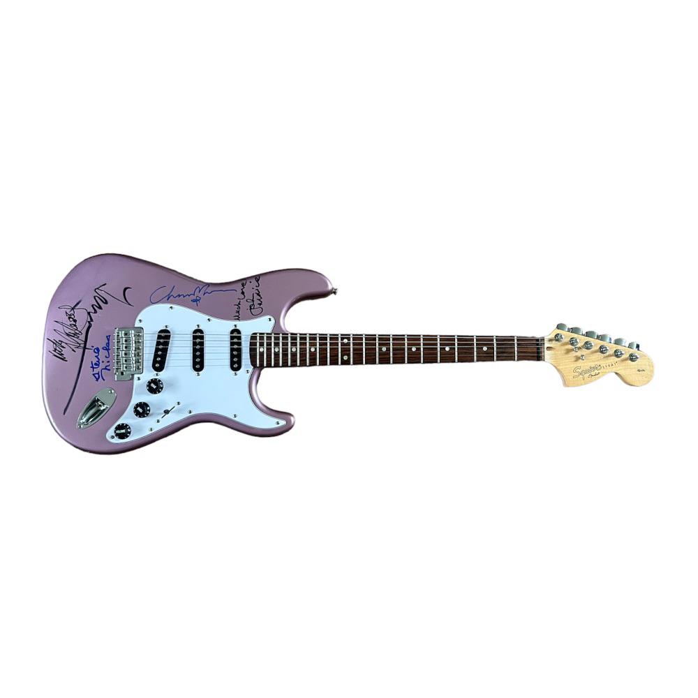 Fleetwood Mac Fully Signed Fender Squier Guitar: This lot is a Fender Squier electric guitar, autographed on the body by Mick Fleetwood, Stevie Nicks, Lindsey Buckingham, John McVie and the late Christine McVie of Fleetwood Mac. An item that can nev