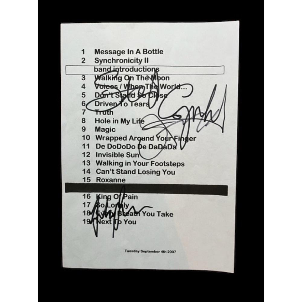 The Police Fully Signed Setlist: This lot is a setlist, autographed by Sting, Andy Summers and Stewart Copeland of The Police. The Police were an English rock band formed in London in 1977. For most of their history the line-up consi