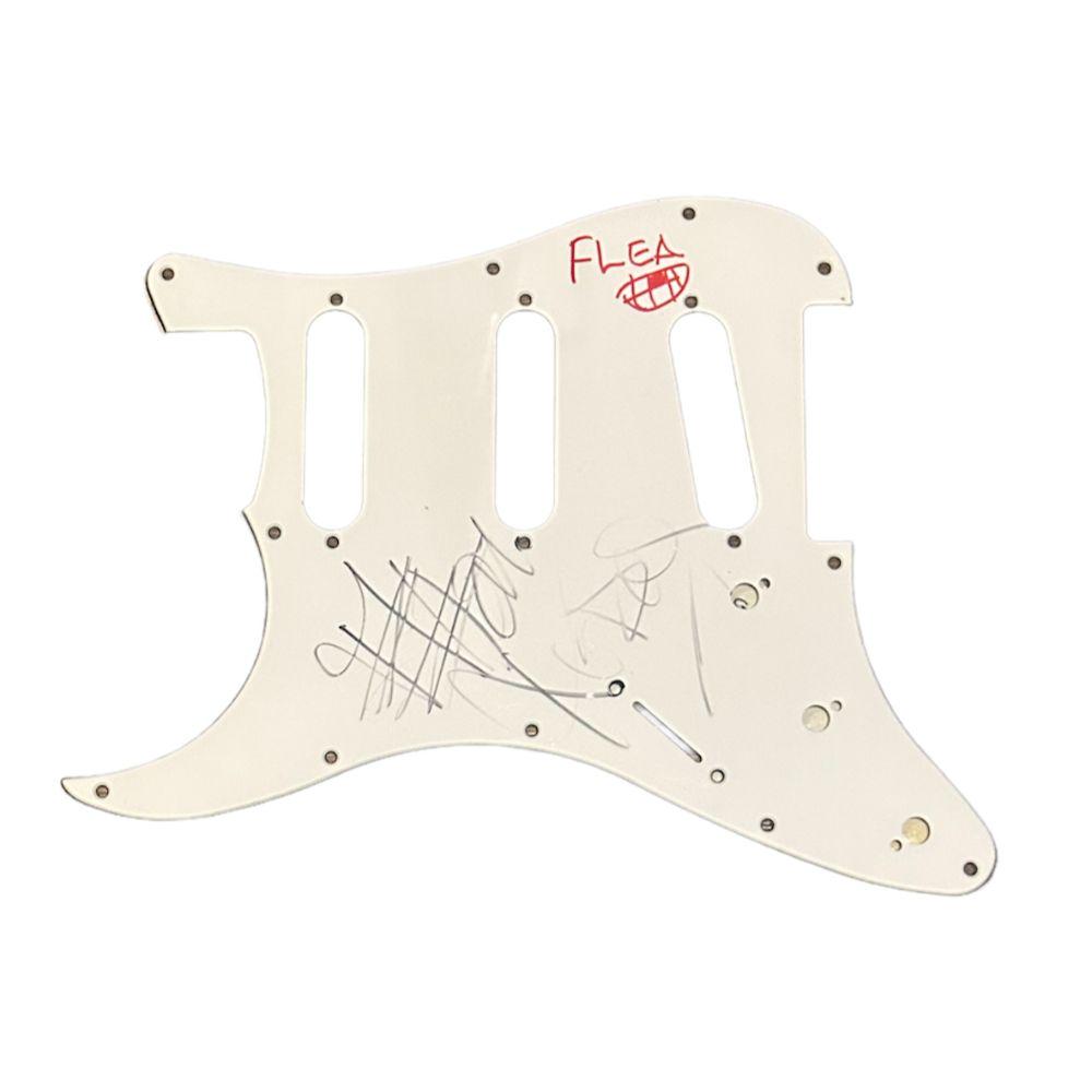 Red Hot Chili Peppers RHCP Signed Guitar Scratchplate Certified: This lot is a left handed Stratocaster style guitar scratchplate autographed by Anthony Kiedis and Flea of Red Hot Chili Peppers.