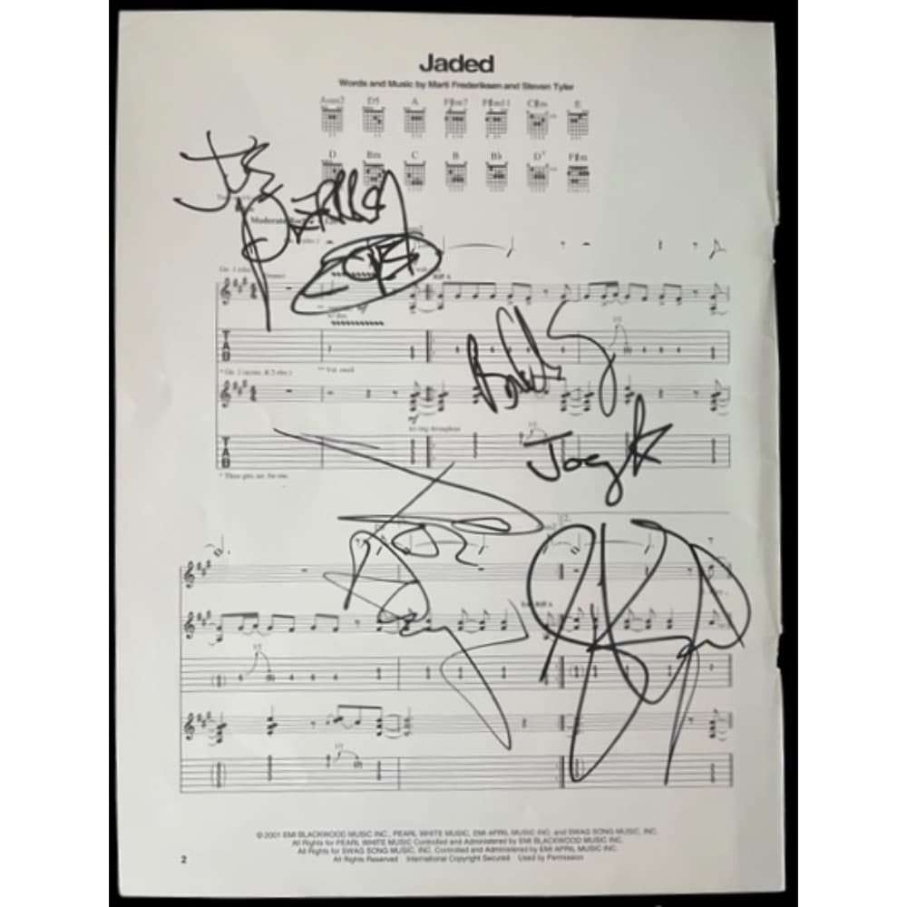 Aerosmith fully signed lyrics: This lot is a cut sheet music 'Jaded' signed in black sharpie pen by Steven Tyler, Tom Hamilton, Joey Kramer, Joe Perry and Brad Whitford of Aerosmith. Aerosmith is an American rock band formed in Bos