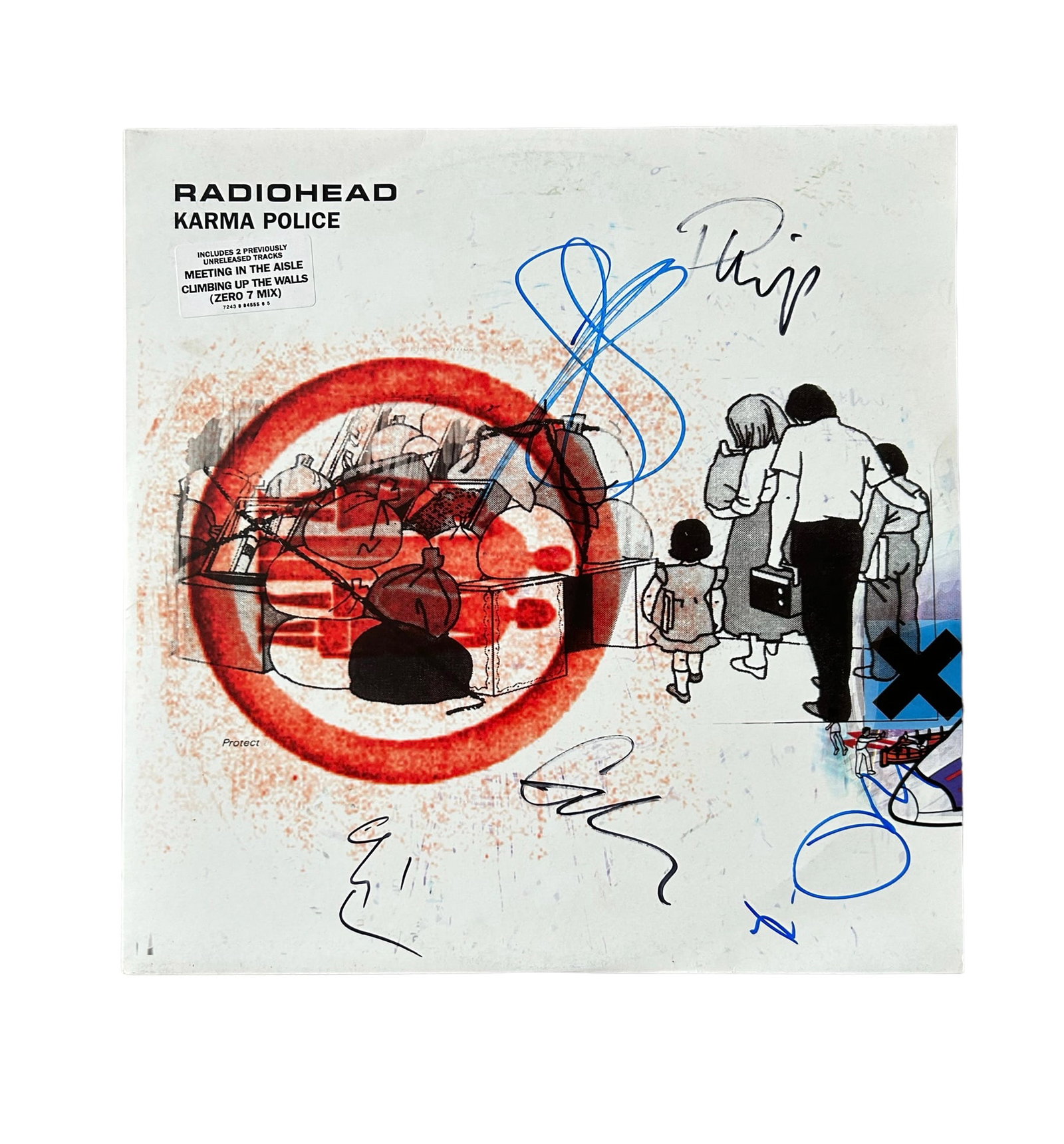 Radiohead Signed Limited Edition 12" Vinyl 'Karma police': This lot is a 12" vinyl 'Karma Police' autographed by Thom Yorke, Jonny Greenwood, Colin Greenwood, Ed O'Brien and Philip Selway of Radiohaed. Radiohead are an English rock band formed in Abingdon, Ox