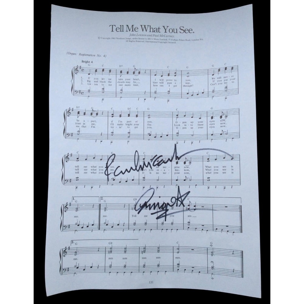 Paul McCartney & Ringo Starr Signed Sheet Music: This lot is a cut sheet music 'Tell Me What You See' autographed by Paul McCartney and Ringo Starr of The Beatles. The Beatles were an English rock band, formed in Liverpool in 1960, that comprised Jo