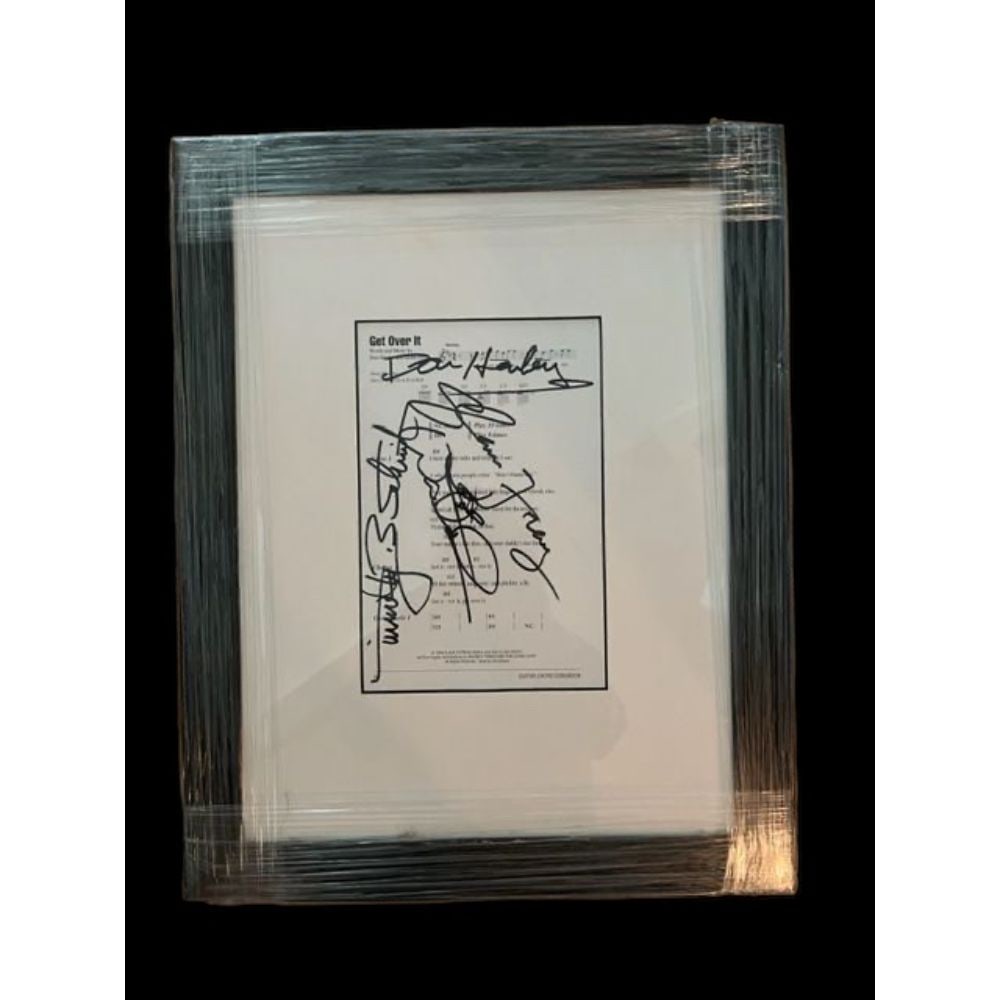 The Eagles Signed Framed Lyrics 'Get Over It': This lot is a framed lyrics sheet 'Get Over It' autographed by Don Henley, Glenn Frey, Timothy B Schmit and Joe Walsh of The Eagles. The Eagles are an American rock band formed in Los Angeles in 1971.