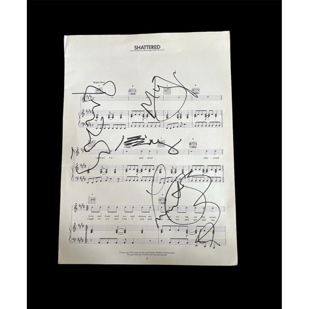 The Rolling Stones Fully Signed Shattered Sheet Music: This lot is a piece of sheet music (Shattered) autographed by Mick Jagger, Keith Richards, Charlie Watts and Ronnie Wood of The Rolling Stones. The Rolling Stones are an English rock band formed in Lo