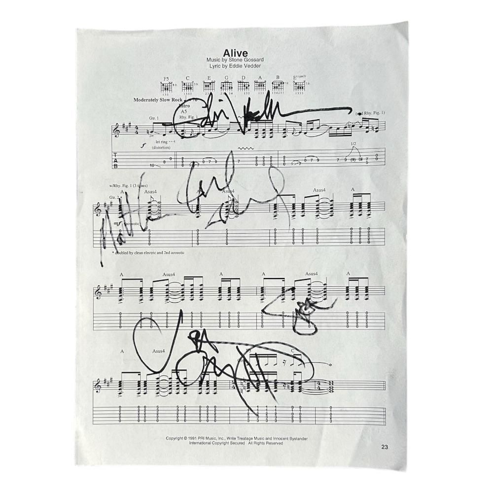 Pearl Jam 'Alive' Signed Sheet Music Certified: This lot is a piece of sheet music 'Alive' autographed by Eddie Vedder, Mike McCready, Stone Gossard, Jeff Ament and Matt Cameron of Pearl Jam. Pearl Jam is an American alternative rock band formed in