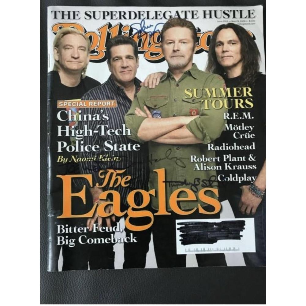 The Eagles Fully Signed Rolling Stone Magazine: This lot is a Rolling Stone Magazine, autographed by Joe Walsh, Timothy B Schmit, Don Henley and Glenn Frey of The Eagles. Item comes with Certificate of Authenticity guaranteeing it for a lifetime