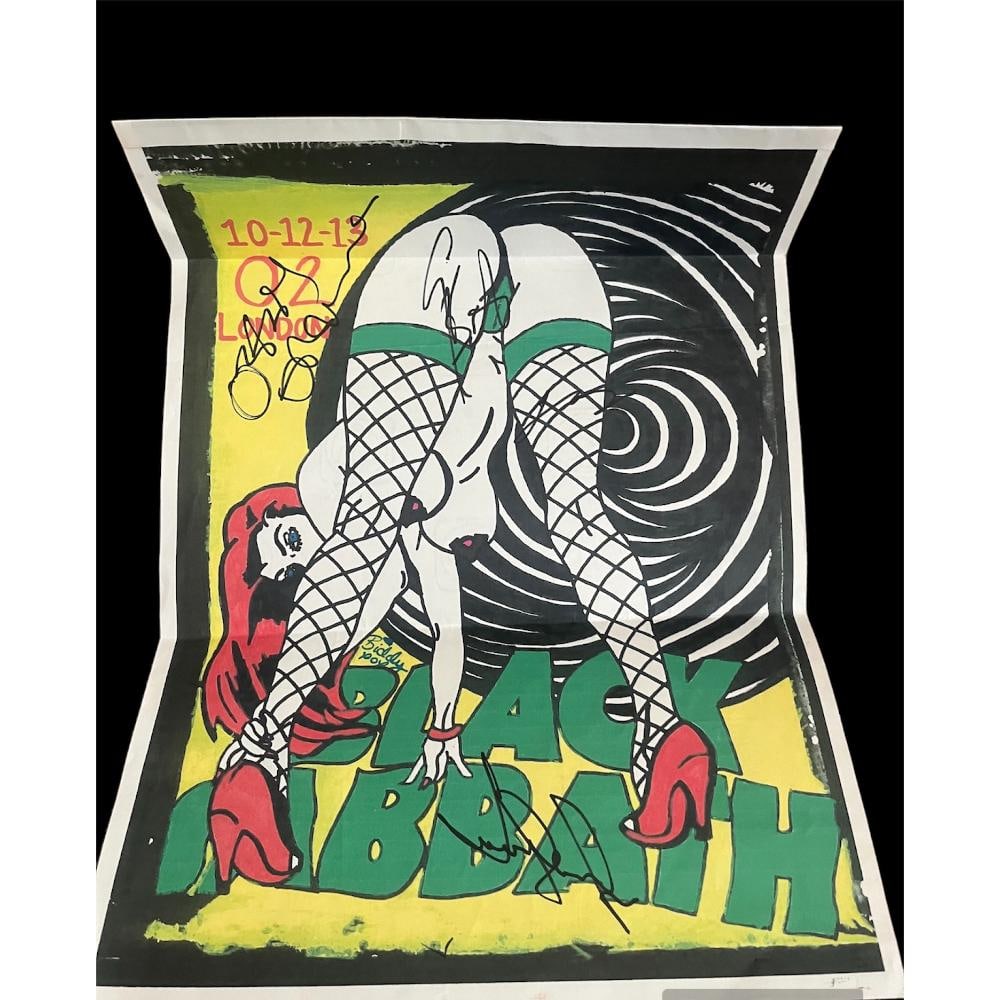 Black Sabbath Signed Original Poster: This lot is an original poster promoting a Black Sabbath concert at the O2 Arena in London on the 10th December 2013. The poster is autographed by Ozzy Osbourne, Geezer Butler and Tony Iommi of Black