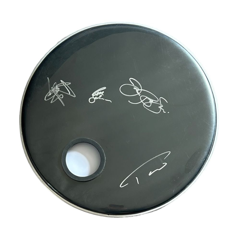 Bon Jovi Fully Signed Bass Drumskin: This lot is a black bass drumskin autographed by Jon Bon Jovi, Richie Sambora, David Bryan and Tico Torres of Bon Jovi. Bon Jovi is an American rock band formed in 1983 in Sayreville, New Jersey. Bon 