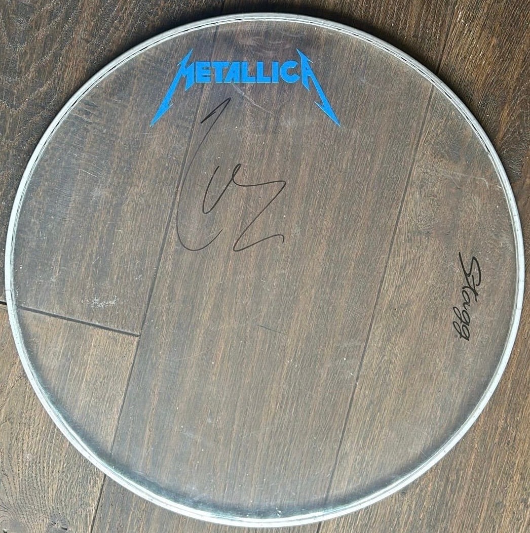 Lars Ulrich Signed Drumskin: This lot is a drumskin, autographed on the top in black sharpie pen by Lars Ulrich of Metallica. Item is authenticated by HSA and comes with affixed HSA Tamper-Proof hologram with interactive QR code,