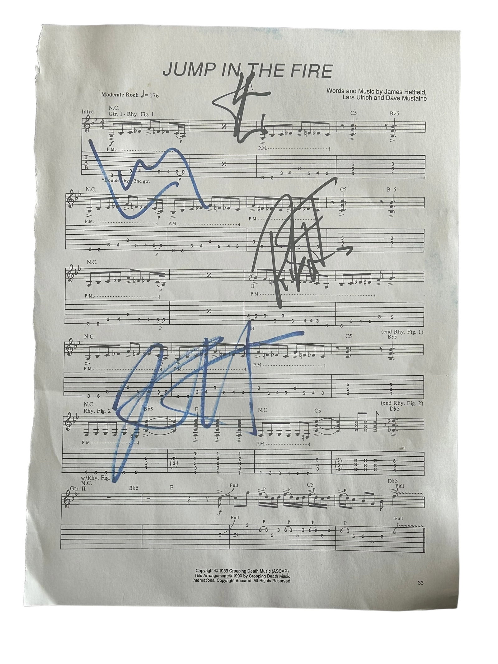 Metallica Signed Jump In The Fire Sheet Music: This lot is a piece of sheet music (Jump In The Fire) autographed by James Hetfield, Lars Ulrich, Kirk Hammett and Robert Trujillo of Metallica. Item is authenticated by HSA and comes with affixed HSA