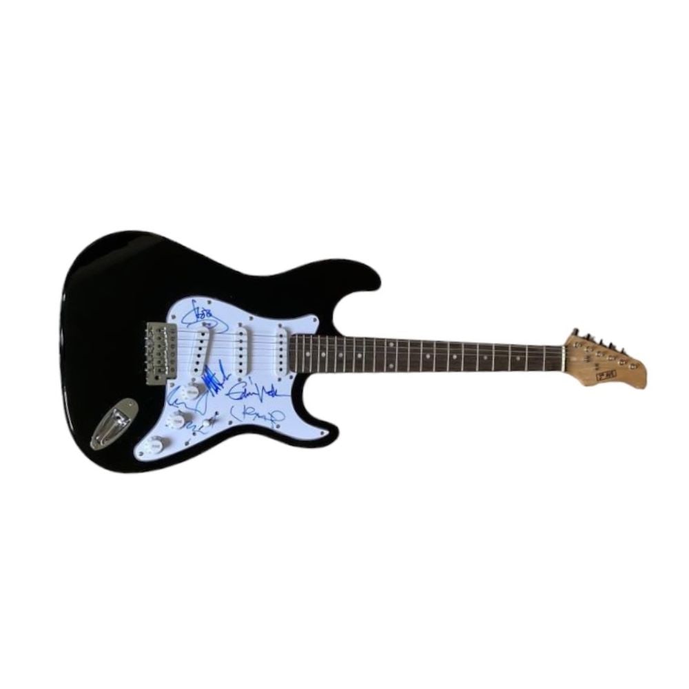 Pearl Jam Signed Electric Guitar: This lot is an electric guitar autographed on the scratchplate in blue sharpie pen by Eddie Vedder, Mike McCready, Stone Gossard, Jeff Ament and Matt Cameron of Pearl Jam. Pearl Jam is an American roc