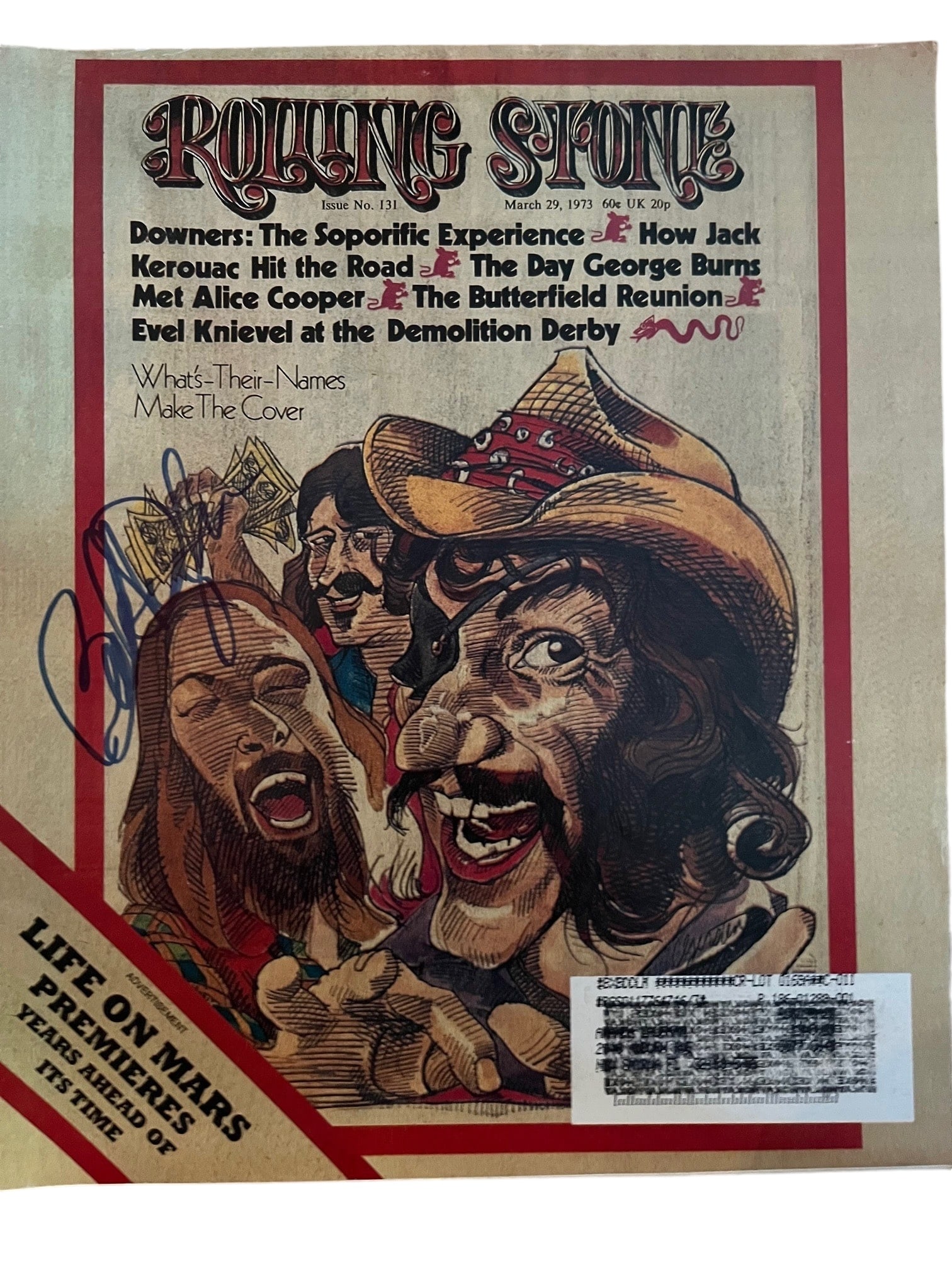 Bob Dylan Signed 1973 Rolling Stone Magazine: This lot is a Rolling Stone magazine (March 29, 1973) autographed on the front cover by Bob Dylan. Item comes with Certificate of Authenticity, guaranteeing it for a lifetime.