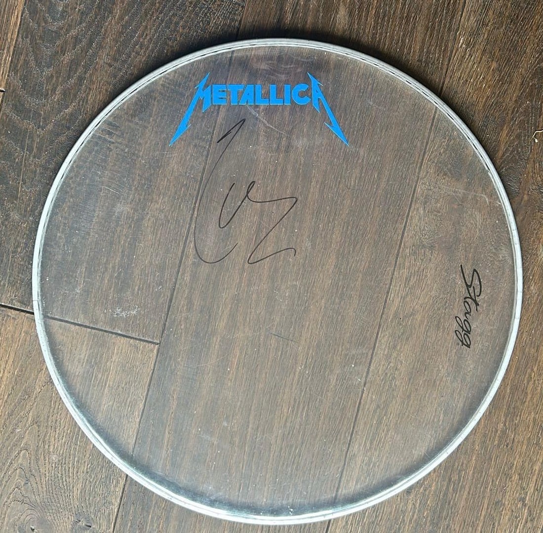 Lars Ulrich Metallica Signed Drumskin: This lot is a drumskin autographed by Lars Ulrich of Metallica. Item comes with Certificate of Authenticity, guaranteeing it for a lifetime.