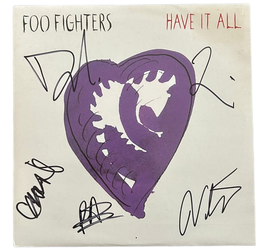 Foo Fighters Signed Have It All Vinyl 45: This lot is a vinyl 45 (Have It All) autographed on the front cover in black sharpie pen by Dave Grohl, Chris Shiflett, Nate Mendel, Taylor Hawkins and Pat Smear of Foo Fighters. Item comes with Certi
