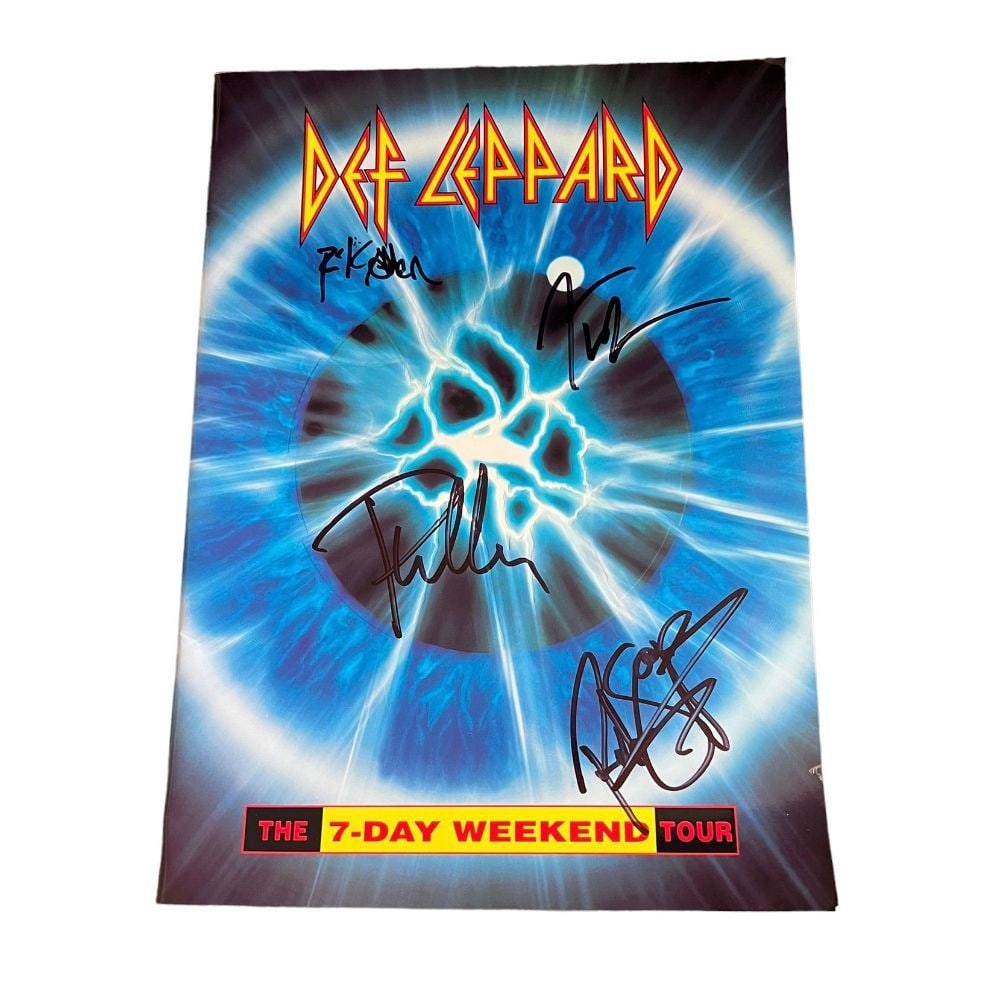 Def Leppard Signed 7 Day Weekend Tour Programme Certified: This lot is a 7 Day Weekend tour programme autographed by Joe Elliott, Phil Collen, Rick Allen and Rick Savage of Def Leppard. Def Leppard are an English rock band formed in 1976 in Sheffield. Since 1