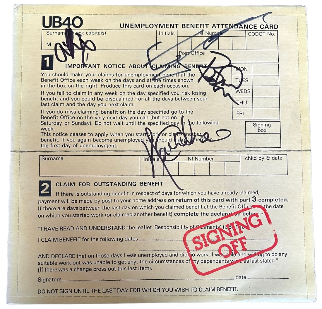 UB40 Signed Signing Off Vinyl LP: This lot is a vinyl LP (Signing Off) autographed on the front cover in black sharpie pen by Ali Campbell, Robin Campbell, Earl Falconer and Norman Hassan of UB40. Item comes with Certificate of Authen