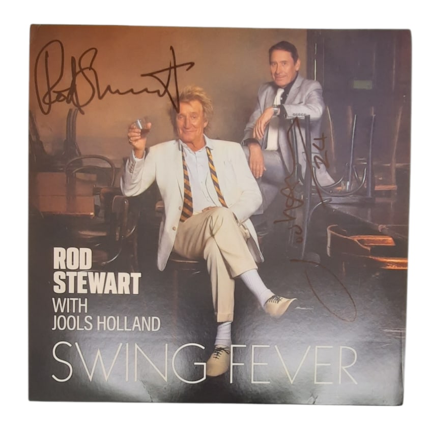 Rod Stewart With Jools Holland Signed Vinyl LP: This lot is a vinyl LP (Swing Fever) autographed by Rod Stewart and Jools Holland. Item comes with third-party authentication and affixed tamper-proof holographic QR sticker leading to item details an