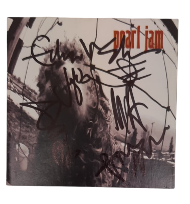 Pearl Jam Signed Album Art Sleeve: This lot is a CD sleeve only, autographed by Eddie Vedder, Jeff Ament, Stone Gossard, Matt Cameron and Mike McCready of Pearl Jam. Item comes with third-party authentication and affixed tamper-proof h