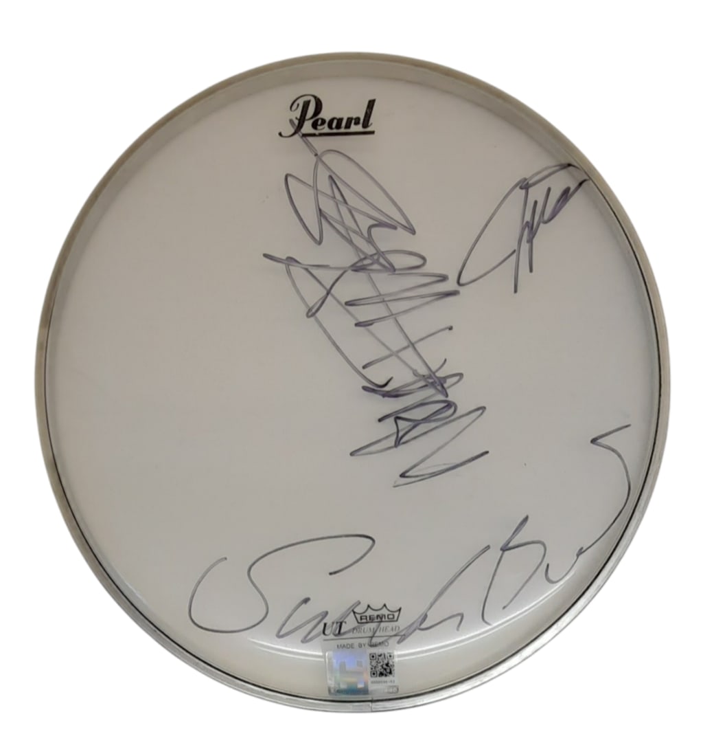 Duran Duran Signed Drumskin: This lot is a 10.5" Pearl/Remo drumskin, autographed by Simon Le Bon, Nick Rhodes and John Taylor of Duran Duran. Item comes with third-party authentication and affixed tamper-proof holographic QR sti