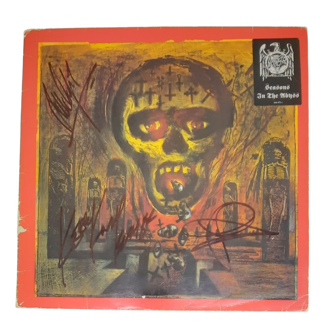 Slayer Signed Vinyl LP: This lot is a vinyl LP (Seasons In The Abyss), autographed by Kerry King, Tom Araya and Jeff Hanneman of Slayer. Item comes with third-party authentication and affixed tamper-proof holographic QR stic