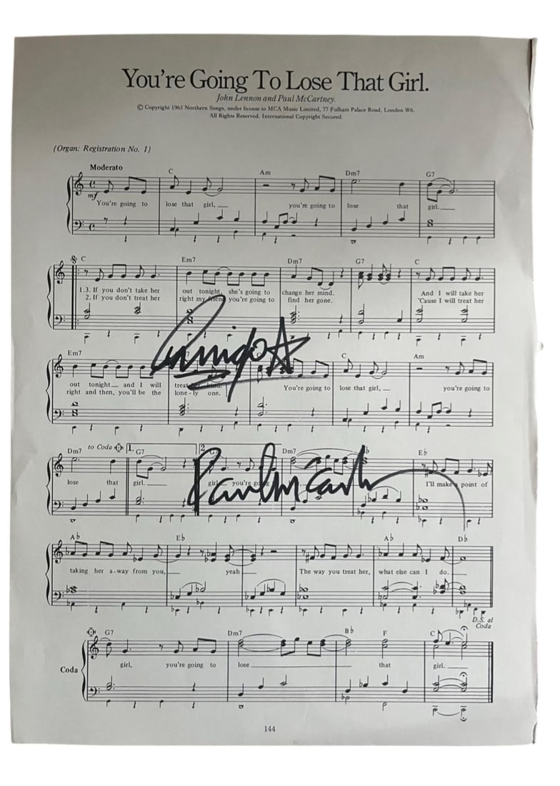 The Beatles Signed Sheet Music: This lot is a page of sheet Music (You're Going To Lose That Girl) autographed by Ringo Starr and Paul McCartney of The Beatles. Item comes with third-party authentication and affixed tamper-proof hol