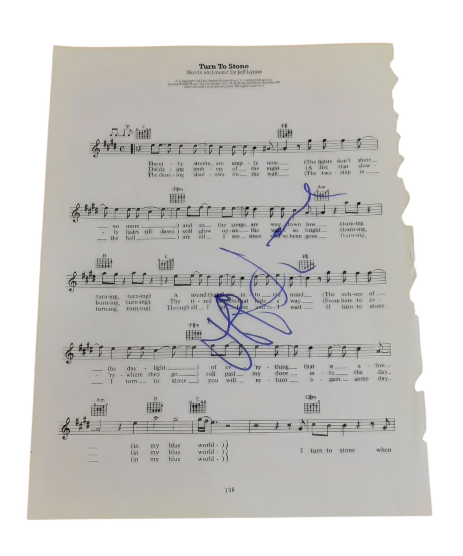 Jeff Lynne ELO Signed Sheet Music: This lot is a piece of sheet music (Turn To Stone), autographed by Jeff Lynne of ELO. Item comes with third-party authentication and affixed tamper-proof holographic QR sticker leading to item details