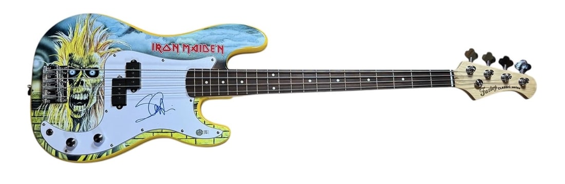 Steve Harris Iron Maiden Signed Custom Artwork Bass Guitar AFTAL Authentication: This lot is a bass guitar with a custom Iron Maiden artwork graphic body, autographed on the pickguard by Steve Harris of Iron Maiden. Item comes with third-party authentication from AFTAL and affixed