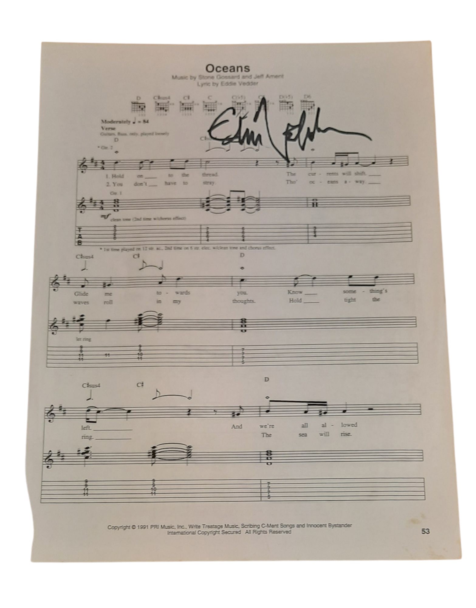 Eddie Vedder Pearl Jam Signed Sheet Music: This lot is a piece of sheet music (Oceans), autographed by Eddie Vedder of Pearl Jam. Item comes with third-party authentication and affixed tamper-proof holographic QR sticker leading to item detail