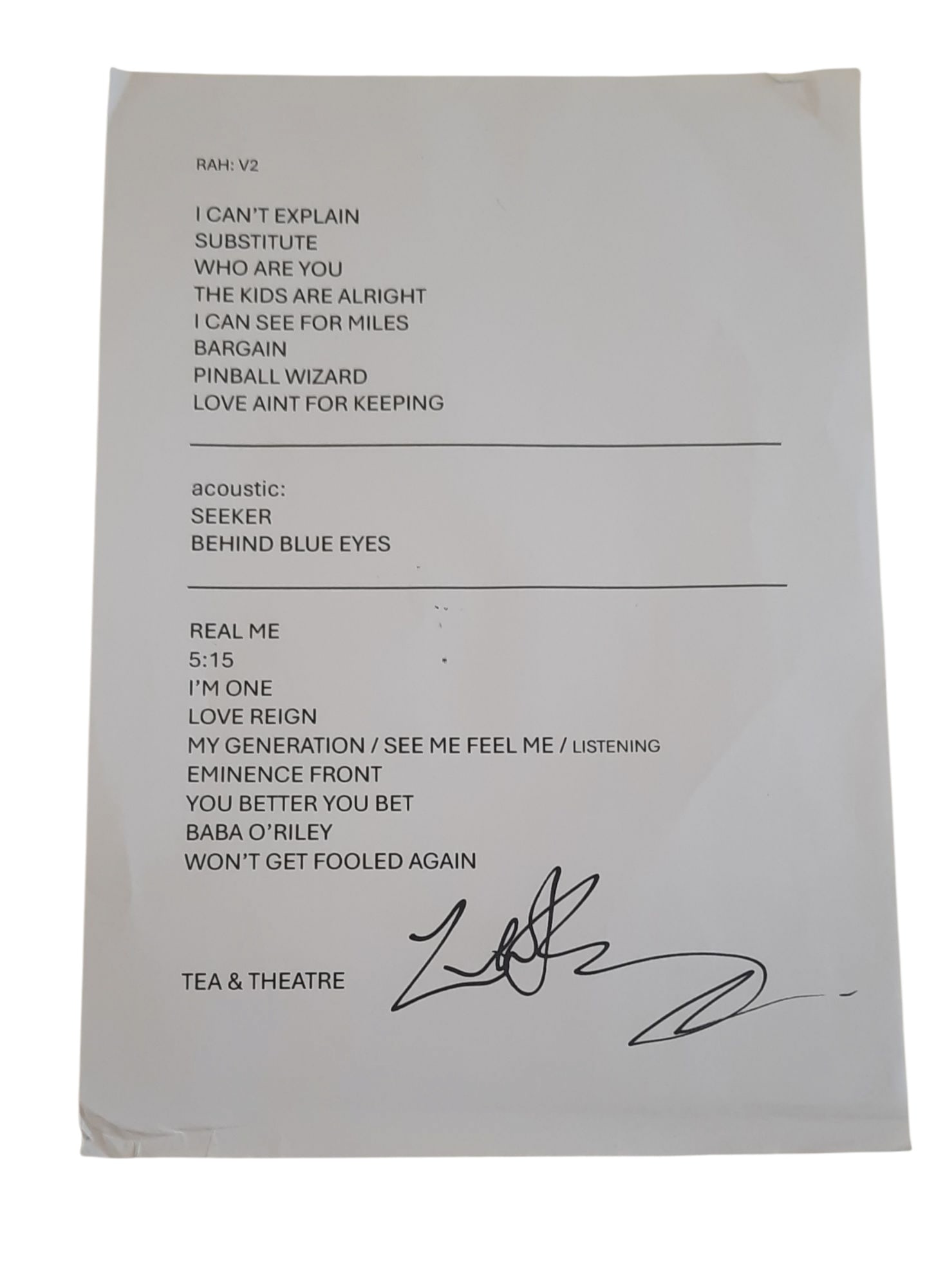 The Who Zak Starkey Signed Set List (1 of 1)