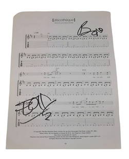 U2 Signed Sheet Music: This lot is a page of sheet music (Dicotheque), taken from the book (U2 Pop), autographed by Bono and The Edge of U2. Item is authenticated by HSA and comes with affixed HSA Tamper-Proof hologram with