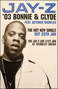 Jay Z Original Promotional Poster: This lot is a 30x20" original (Jay Z) litho-printed promotional poster for the single release (Bonnie & Clyde). Item comes with COA guaranteeing the item as original for a lifetime.
