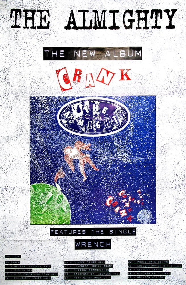 The Almighty Original Promotional Poster: This lot is a 60x40" original (The Almighty) promotional poster in ashdel format for the album release (Crank). Item comes with COA guaranteeing the item as original for a lifetime.