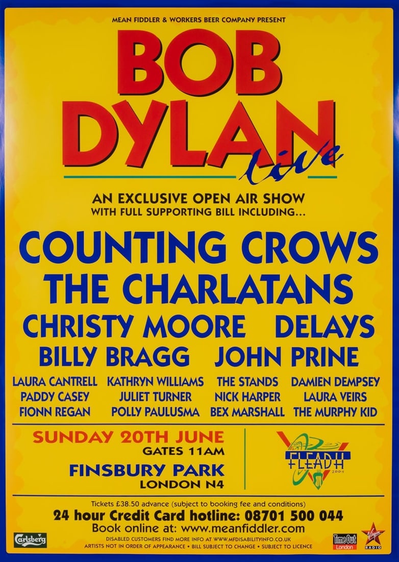 Bob Dylan Finsbury Park Original Promotional Poster: This lot is a 30x20" original (Bob Dylan - Finsbury Park) promotional poster for the live show in Finsbury Park, summer of 2004 in London. Item comes with COA guaranteeing the item as original for a l