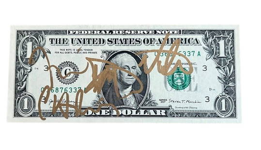 Foo Fighters Fully Signed $1 Bill: This lot is a $1 bill, autographed by Dave Grohl, Chris Shiflett, Taylor Hawkins and Nate Mendel of the Foo Fighters. Item comes with third-party authentication and affixed tamper-proof holographic QR