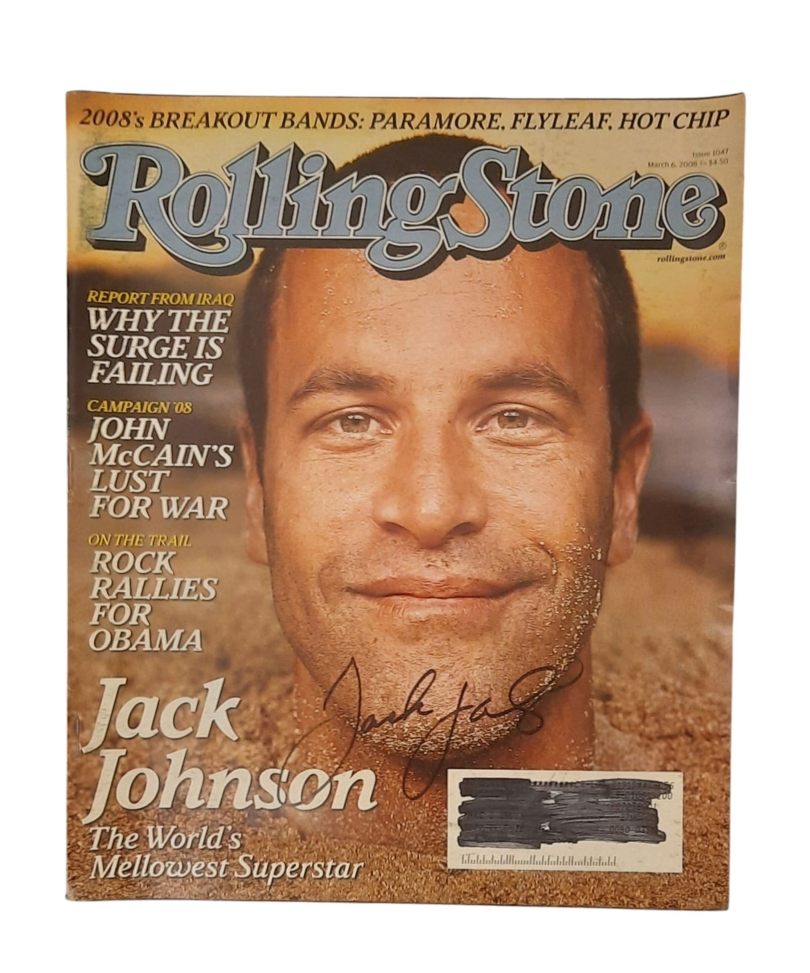 Jack Johnson Signed Rolling Stone magazine: This lot is a Rolling Stone magazine (Issue 1047, 6th March 2008) autographed on the front cover by Jack Johnson. Item comes with third-party authentication and affixed tamper-proof holographic QR sti