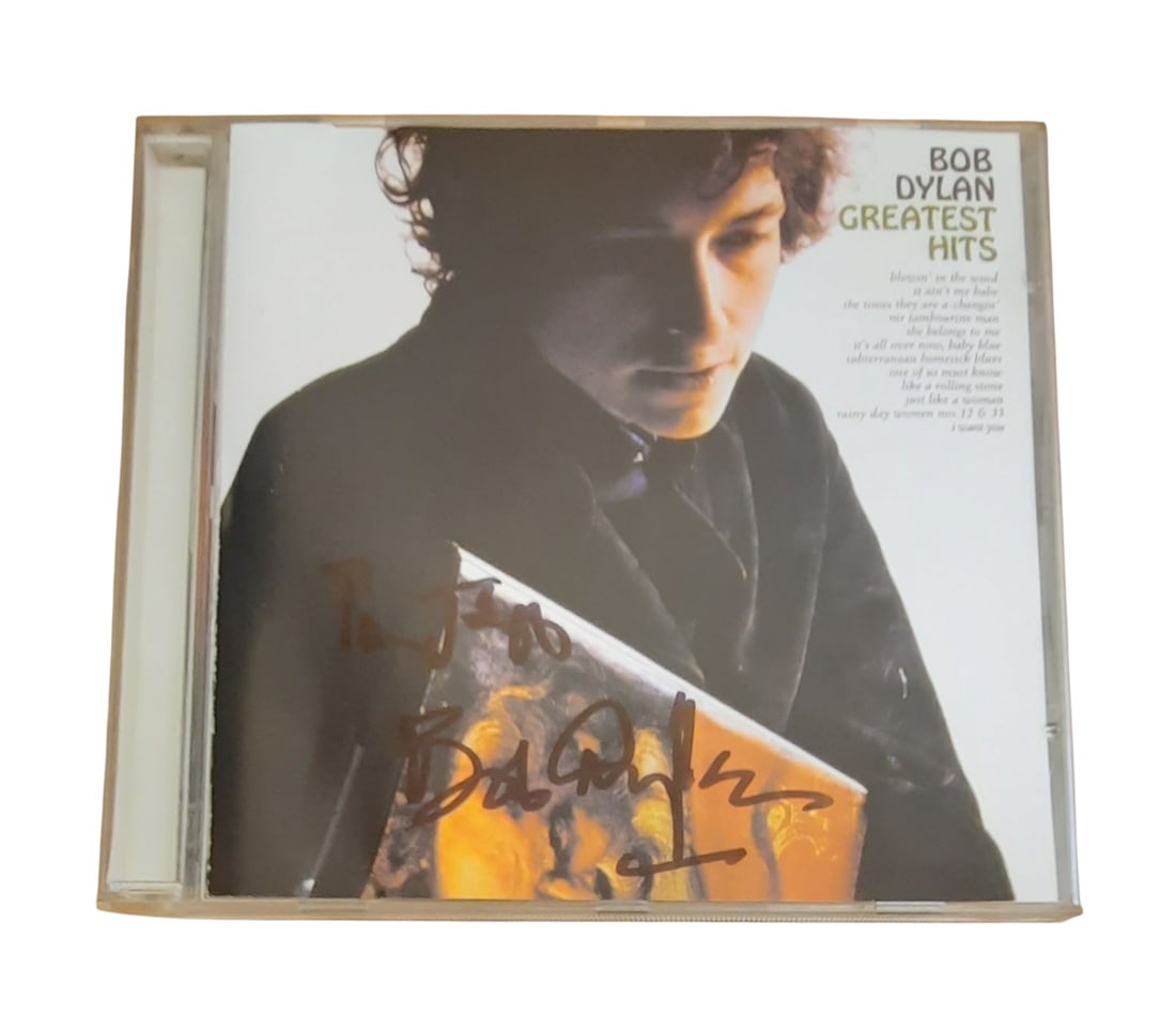Bob Dylan Signed CD: This lot is a CD (Bob Dylan Greatest Hits), autographed on the front of the CD sleeve by Bob Dylan. Item comes with third-party authentication and affixed tamper-proof holographic QR sticker leading t