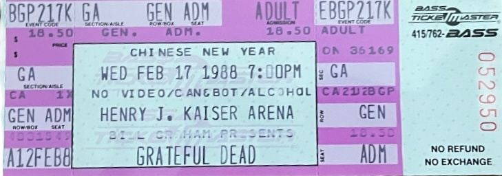 Grateful Dead Unused Concert Ticket: This lot is an unused concert ticket for Grateful Dead (17th February 1988 Henry J. Kaiser Arena). Item comes with third-party authentication and affixed tamper-proof holographic QR sticker leading to