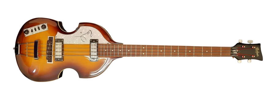 Paul McCartney Signed Hofner Bass Guitar: This lot is a Hofner bass guitar, autographed on the pickguard by Paul McCartney. Item comes with third-party authentication and affixed tamper-proof holographic QR sticker leading to item details and