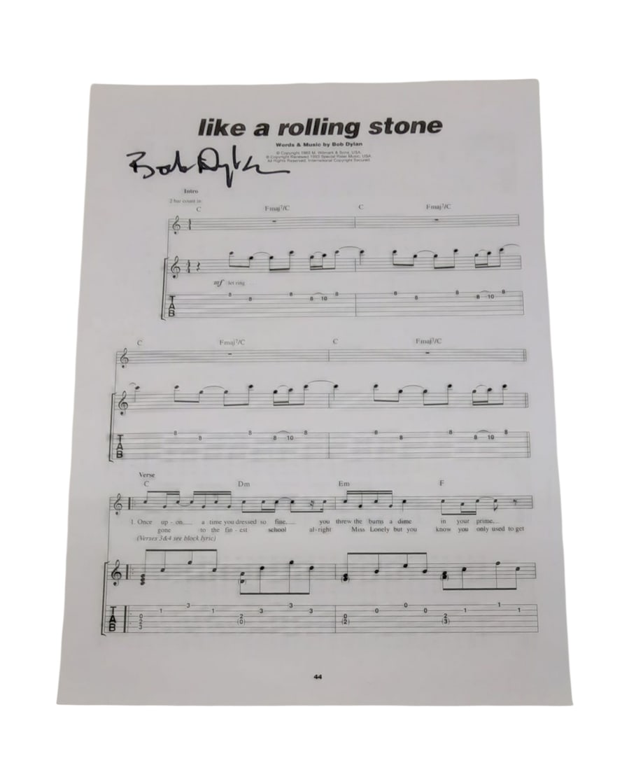 Bob Dylan Signed Sheet Music: This lot is a page of sheet music (Like a Rolling Stone), autographed by Bob Dylan. Item comes with third-party authentication and affixed tamper-proof holographic QR sticker leading to item details a