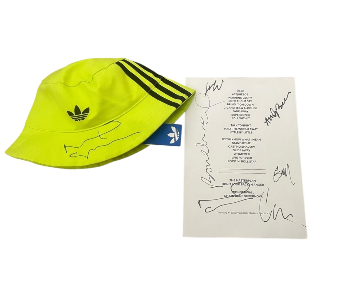 Oasis Noel Gallagher Signed Official Addidas Bucket Hat And Fully Signed Set List: This lot is an official Adidas bucket hat from the Oasis concert (Live 25), autographed by Noel Gallagher of Oasis. Item comes with a fully signed set list (July 4th 2025 Cardiff), autographed by all