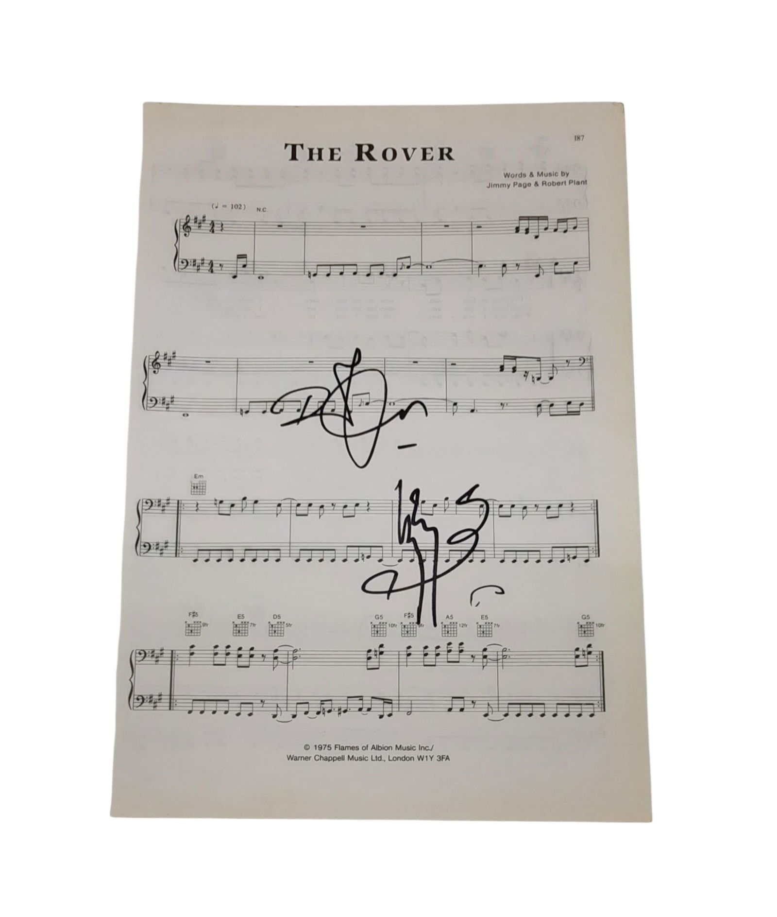 Led Zeppelin Signed Sheet Music: This lot is a page of sheet music (The Rover), autographed by Robert Plant and Jimmy Page of Led Zeppelin. Item comes with third-party authentication and affixed tamper-proof holographic QR sticker le