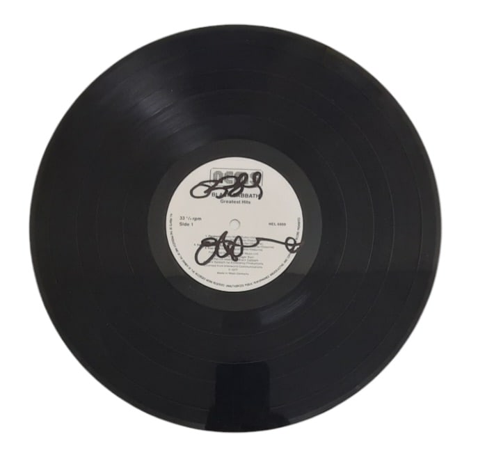 Black Sabbath Signed Vinyl Disc: This lot is a vinyl LP disc (Greatest Hits) autographed by Ozzy Osbourne of Black Sabbath. Item comes with third-party authentication and affixed tamper-proof holographic QR sticker leading to item de