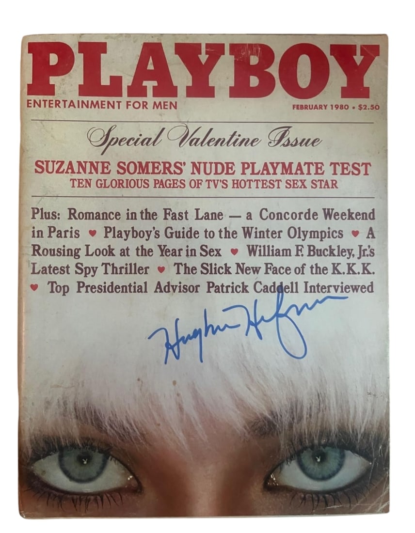 Hugh Hefner Signed February 1980 Playboy Magazine: This lot is a Playboy magazine (February 1980) autographed on the front cover by Hugh Hefner. Item comes with third-party authentication and affixed tamper-proof holographic QR sticker leading to item