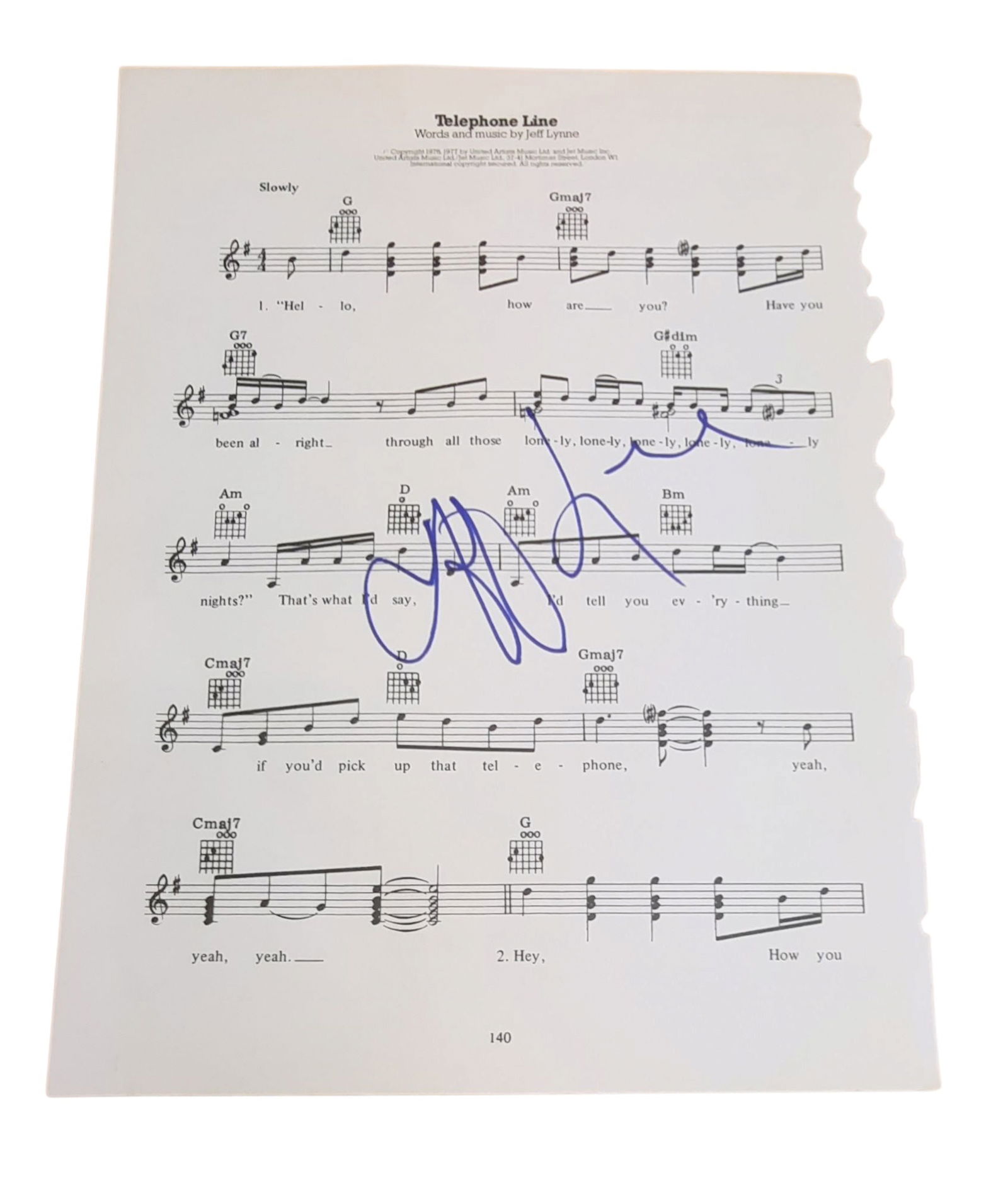 Jeff Lynne ELO Signed Sheet Music: This lot is a piece of sheet music (Telephone Lines), autographed by Jeff Lynne of ELO. Item comes with third-party authentication and affixed tamper-proof holographic QR sticker leading to item detai