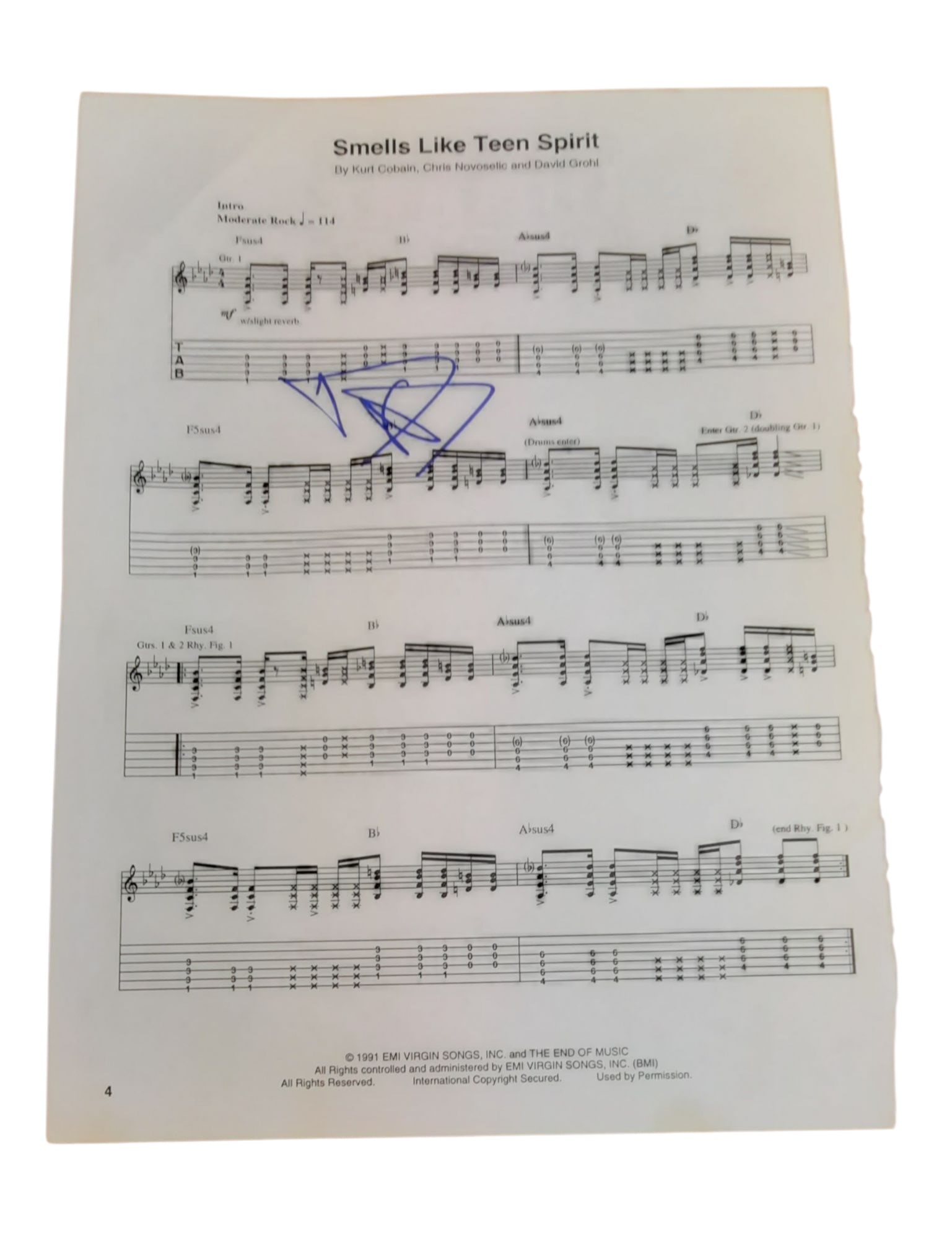 Dave Grohl Nirvana Signed Sheet Music: This lot is a piece of sheet music (Smells Like Teen Spirit), autographed by Dave Grohl of Nirvana. Item comes with third-party authentication and affixed tamper-proof holographic QR sticker leading t