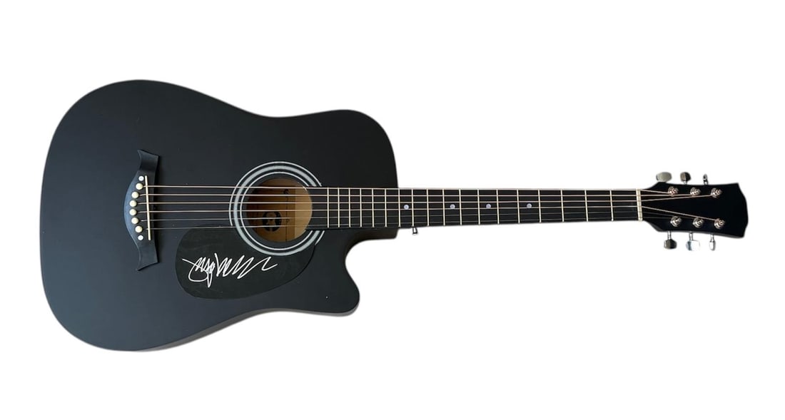 Neil Young Signed Acoustic Guitar: This lot is an acoustic guitar, autographed on the plate by Neil Young. Item comes with third-party authentication and affixed tamper-proof holographic QR sticker leading to item details and scoring.